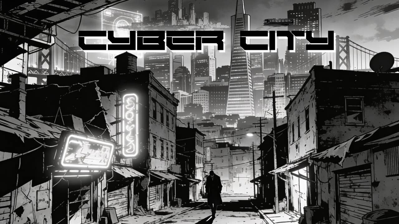 A lone figure walks through a stark black-and-white city beneath the Cyber City title.